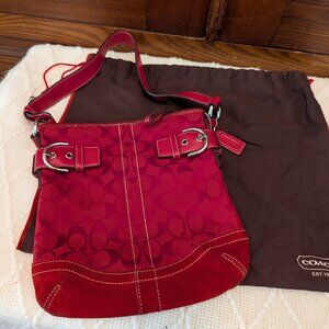 Coach Soho Hobo Shoulder Bag Red Signature C Canvas Suede